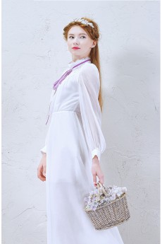 Lace, Chiffon High Collar Tea-Length Long Sleeve A-line Dress