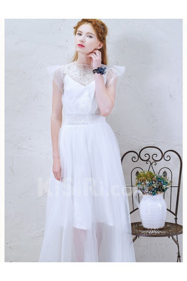 Lace, Chiffon Jewel Ankle-Length Cap Sleeve A-line Dress