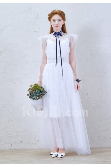 Lace, Chiffon Jewel Ankle-Length Cap Sleeve A-line Dress