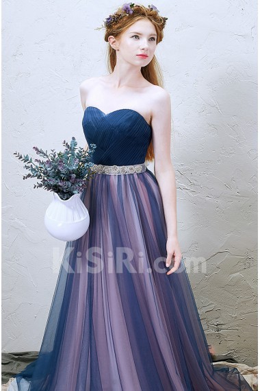 Tulle Sweetheart Sweep Train Sleeveless A-line Dress with Ruched, Rhinestone