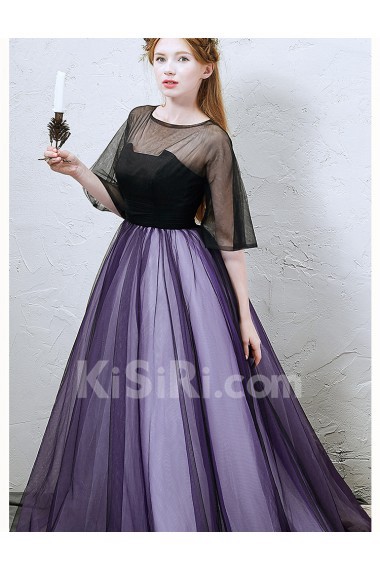 Tulle Bateau Floor Length Half Sleeve A-line Dress