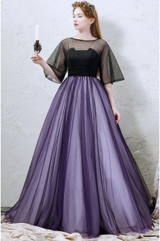 Tulle Bateau Floor Length Half Sleeve A-line Dress