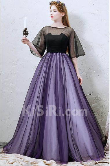 Tulle Bateau Floor Length Half Sleeve A-line Dress