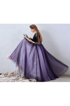 Tulle Bateau Floor Length Half Sleeve A-line Dress