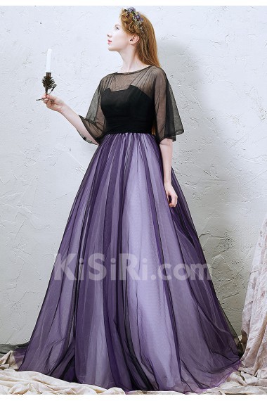 Tulle Bateau Floor Length Half Sleeve A-line Dress