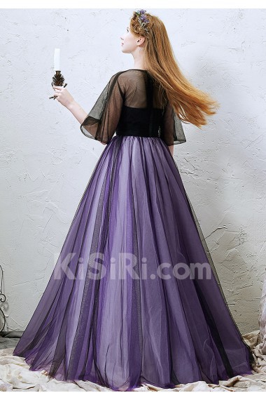 Tulle Bateau Floor Length Half Sleeve A-line Dress