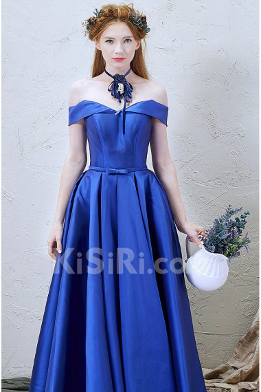 Satin Off-the-Shoulder Floor Length A-line Dress with Bow