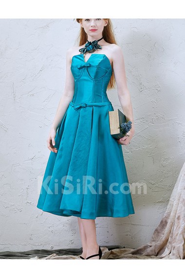 Satin V-neck Tea-Length Sleeveless A-line Dress with Bow