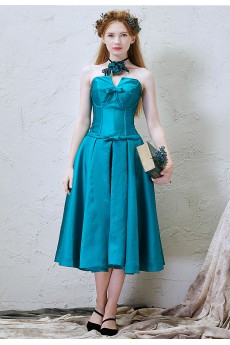 Satin V-neck Tea-Length Sleeveless A-line Dress with Bow