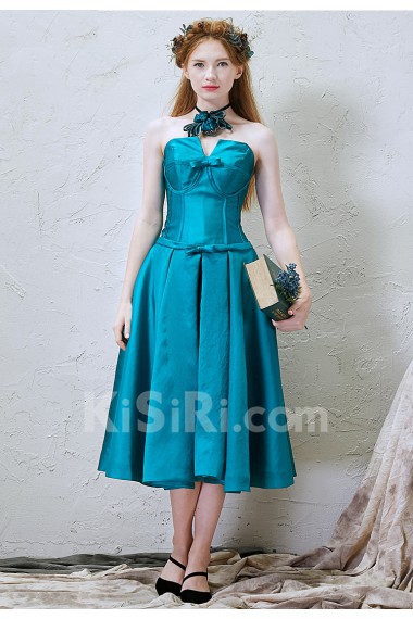 Satin V-neck Tea-Length Sleeveless A-line Dress with Bow