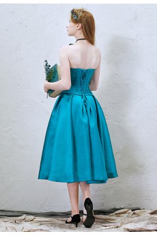 Satin V-neck Tea-Length Sleeveless A-line Dress with Bow