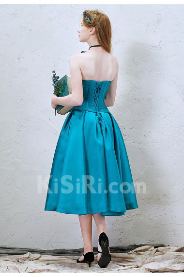 Satin V-neck Tea-Length Sleeveless A-line Dress with Bow