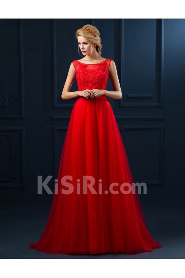 Tulle, Lace Scoop Floor Length Sleeveless A-line Dress with Rhinestone, Ribbons