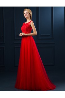 Tulle, Lace Scoop Floor Length Sleeveless A-line Dress with Rhinestone, Ribbons