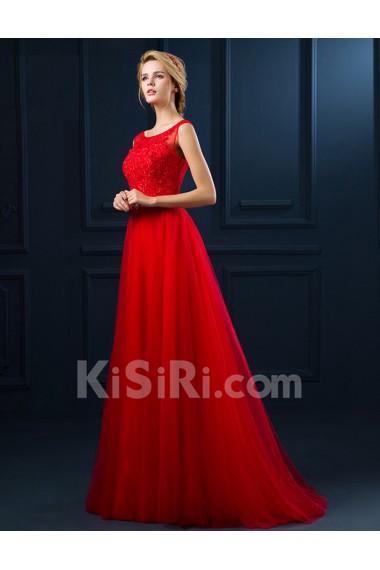 Tulle, Lace Scoop Floor Length Sleeveless A-line Dress with Rhinestone, Ribbons