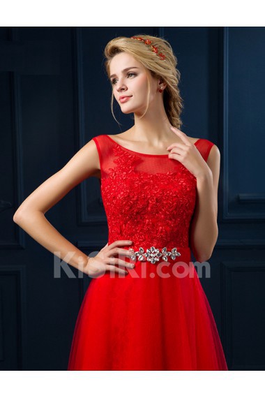 Tulle, Lace Scoop Floor Length Sleeveless A-line Dress with Rhinestone, Ribbons