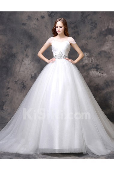 Organza Sweetheart Chapel Train Cap Sleeve Ball Gown Dress with Rhinestone