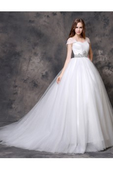 Organza Sweetheart Chapel Train Cap Sleeve Ball Gown Dress with Rhinestone