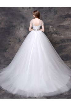 Organza Sweetheart Chapel Train Cap Sleeve Ball Gown Dress with Rhinestone