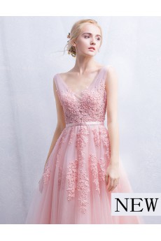 Tulle, Lace V-neck Floor Length Sleeveless A-line Dress with Beads