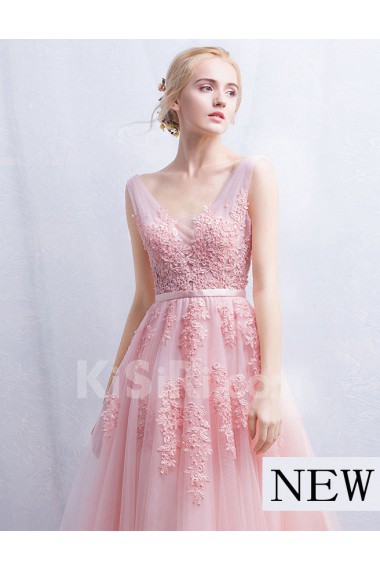 Tulle, Lace V-neck Floor Length Sleeveless A-line Dress with Beads