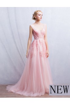 Tulle, Lace V-neck Floor Length Sleeveless A-line Dress with Beads