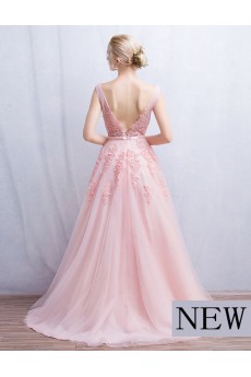 Tulle, Lace V-neck Floor Length Sleeveless A-line Dress with Beads