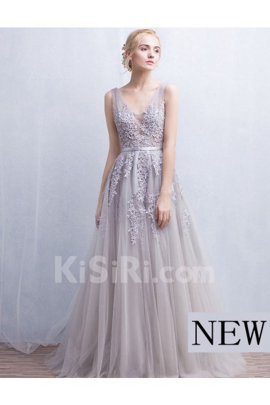 Tulle, Lace V-neck Floor Length Sleeveless A-line Dress with Beads