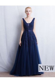 Tulle, Lace V-neck Floor Length Sleeveless A-line Dress with Beads