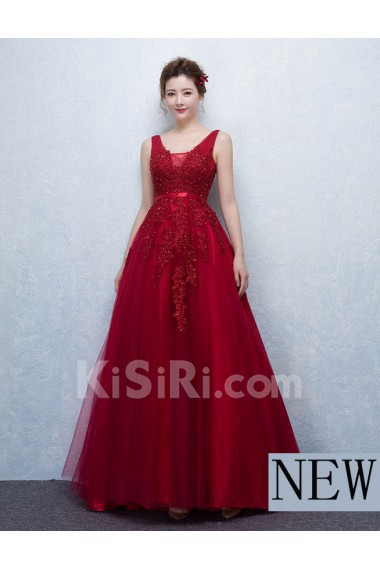 Tulle, Lace V-neck Floor Length Sleeveless A-line Dress with Beads