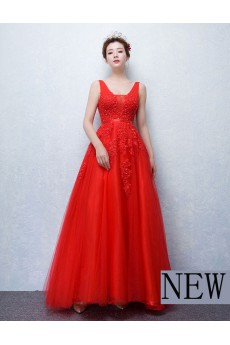 Tulle, Lace V-neck Floor Length Sleeveless A-line Dress with Beads