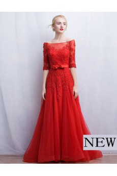 Tulle, Lace Off-the-Shoulder Sweep Train Half Sleeve A-line Dress with Bow