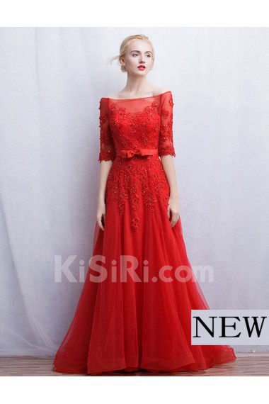 Tulle, Lace Off-the-Shoulder Sweep Train Half Sleeve A-line Dress with Bow