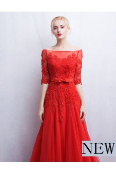 Tulle, Lace Off-the-Shoulder Sweep Train Half Sleeve A-line Dress with Bow