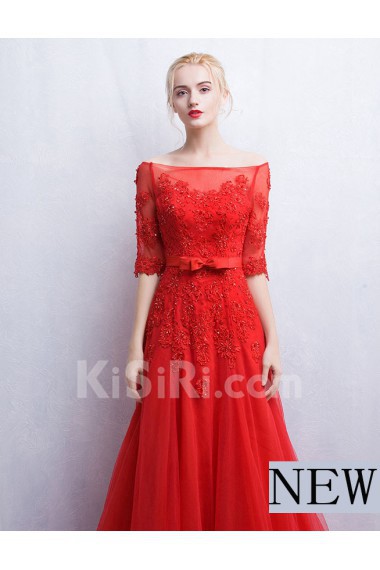 Tulle, Lace Off-the-Shoulder Sweep Train Half Sleeve A-line Dress with Bow