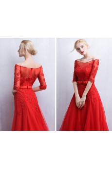 Tulle, Lace Off-the-Shoulder Sweep Train Half Sleeve A-line Dress with Bow