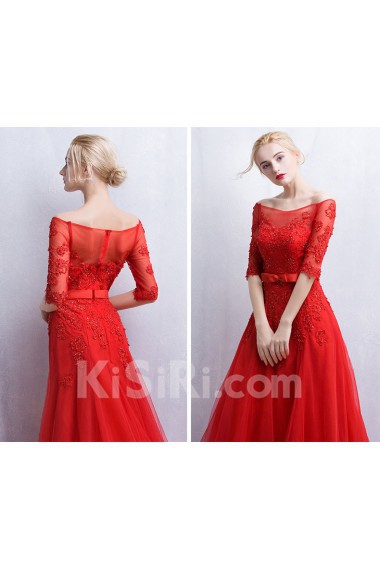 Tulle, Lace Off-the-Shoulder Sweep Train Half Sleeve A-line Dress with Bow