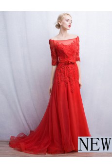 Tulle, Lace Off-the-Shoulder Sweep Train Half Sleeve A-line Dress with Bow