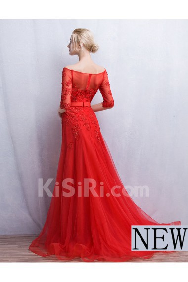 Tulle, Lace Off-the-Shoulder Sweep Train Half Sleeve A-line Dress with Bow