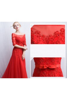 Tulle, Lace Off-the-Shoulder Sweep Train Half Sleeve A-line Dress with Bow