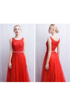 Tulle, Lace Scoop Floor Length Sleeveless A-line Dress with Rhinestone