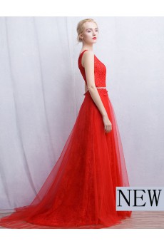 Tulle, Lace Scoop Floor Length Sleeveless A-line Dress with Rhinestone