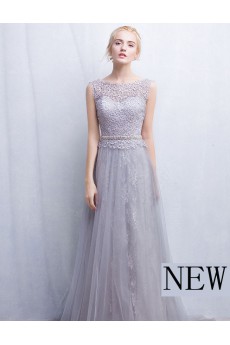 Tulle, Lace Scoop Floor Length Sleeveless A-line Dress with Rhinestone