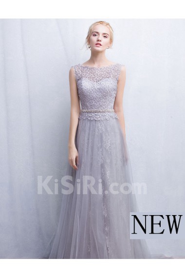 Tulle, Lace Scoop Floor Length Sleeveless A-line Dress with Rhinestone