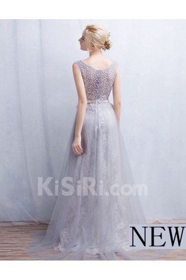 Tulle, Lace Scoop Floor Length Sleeveless A-line Dress with Rhinestone