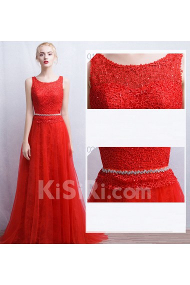 Tulle, Lace Scoop Floor Length Sleeveless A-line Dress with Rhinestone