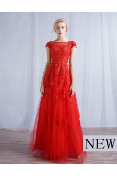 Tulle, Lace Bateau Floor Length Cap Sleeve A-line Dress with Sash