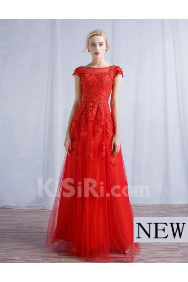 Tulle, Lace Bateau Floor Length Cap Sleeve A-line Dress with Sash