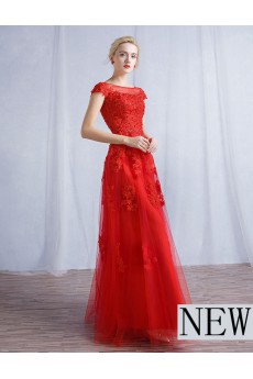 Tulle, Lace Bateau Floor Length Cap Sleeve A-line Dress with Sash