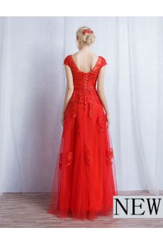 Tulle, Lace Bateau Floor Length Cap Sleeve A-line Dress with Sash